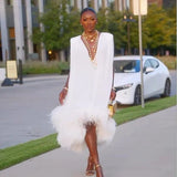 Deep V-Neck Feather-Trimmed Midi Dress