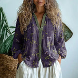 Nature Print Split V-Neck Blouse