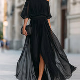Off Shoulder Pleated Maxi Dress
