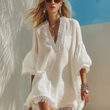 Bohemian V-Neck Tassel Mini Dress