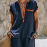 Contrast Trim Zip-Front Shorts Set