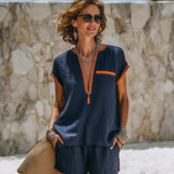 Contrast Trim Zip-Front Shorts Set