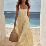 Lace Trim Tiered Linen Maxi Dress
