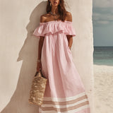 Off-Shoulder Ruffled Striped Maxi