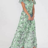 Printed Flutter-Sleeve Maxi Dress