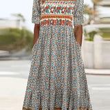 Boho Print Square Neck Tiered Midi Dress