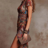Abstract Print Ruched Midi Dress