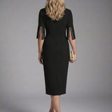 Split-Sleeve Fitted Midi Dress