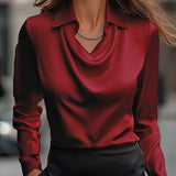 Long Sleeve Satin Blouse with Cowl Neck