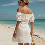 Off-Shoulder Ruffled Button-Front Mini