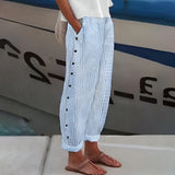 Striped Side Button Straight Leg Trousers