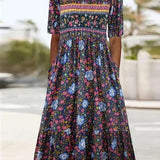 Boho Print Square Neck Tiered Midi Dress