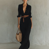 Lapel Collar Belted Maxi Dress