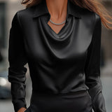 Long Sleeve Satin Blouse with Cowl Neck