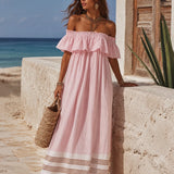 Off-Shoulder Ruffled Striped Maxi