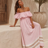 Off-Shoulder Ruffled Striped Maxi