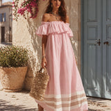 Off-Shoulder Ruffled Striped Maxi