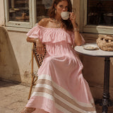 Off-Shoulder Ruffled Striped Maxi
