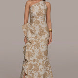 One Shoulder Floral Jacquard Gown