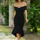 Off-The-Shoulder Ruffle Hem Midi Dress