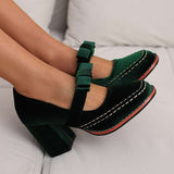 Velvet Bow Block Heel Loafers