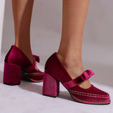 Velvet Bow Block Heel Loafers