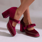 Velvet Bow Block Heel Loafers