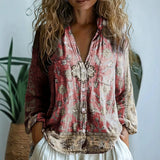 Nature Print Split V-Neck Blouse