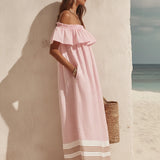 Off-Shoulder Ruffled Striped Maxi