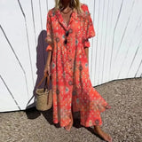 Floral Print V-Neck Long Sleeve Maxi Dress