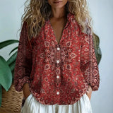 Nature Print Split V-Neck Blouse
