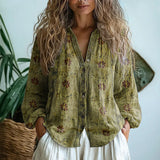 Nature Print Split V-Neck Blouse