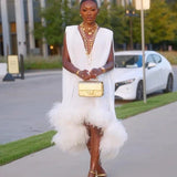 Deep V-Neck Feather-Trimmed Midi Dress
