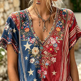 Short-Sleeve Floral Patriotic V-Neck