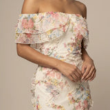 Floral Off Shoulder Bodycon Maxi Dress with Cascading Ruffle Trim