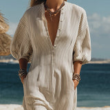 Collarless Striped Button-Front Midi
