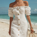Off-Shoulder Ruffled Button-Front Mini