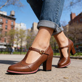 Brogue T-Strap Block Heel Loafers