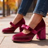 Velvet Bow Block Heel Loafers