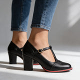 Brogue T-Strap Block Heel Loafers