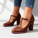 Brogue T-Strap Block Heel Loafers