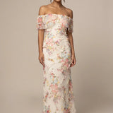 Floral Off Shoulder Bodycon Maxi Dress with Cascading Ruffle Trim
