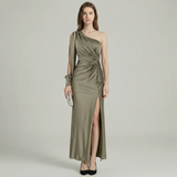 One Shoulder Satin Slit Maxi Dress