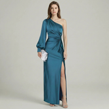 One Shoulder Satin Slit Maxi Dress