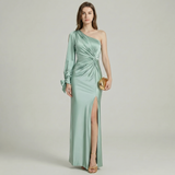 One Shoulder Satin Slit Maxi Dress