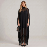 Feather Trim Turtleneck Cape Maxi Dress