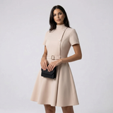 High Neck Belted A-Line Dress