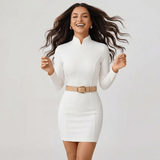 Mandarin Collar Belted Mini Dress