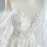 A-Line Court Train Floral Overlay Wedding Dress