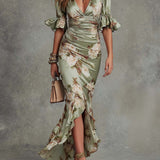 Floral Ruched Fishtail Maxi Dress